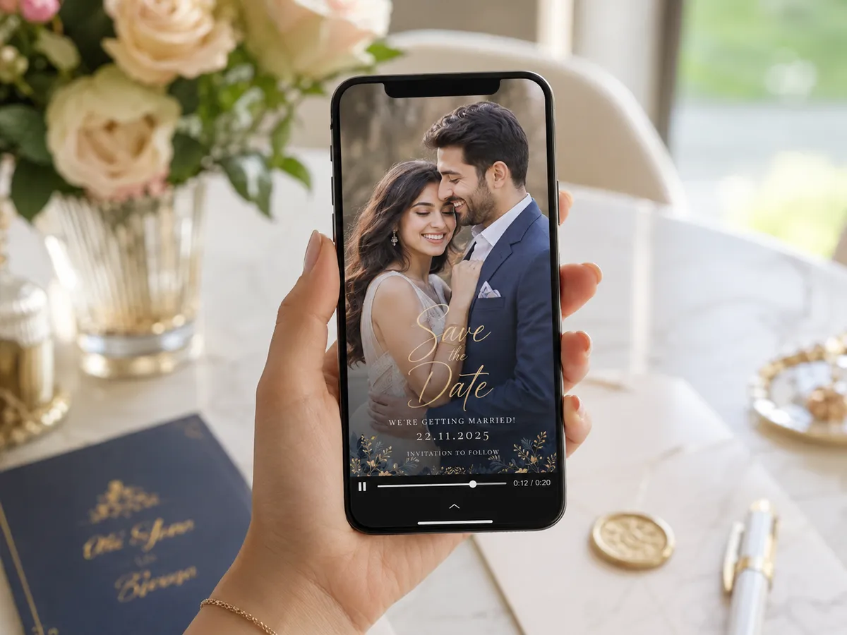 AI pre wedding video used as a save-the-date clip on a phone