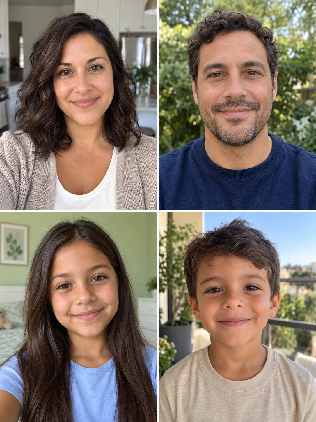 Four separate selfies of a mother, father, daughter and son used as family photo AI prompt references