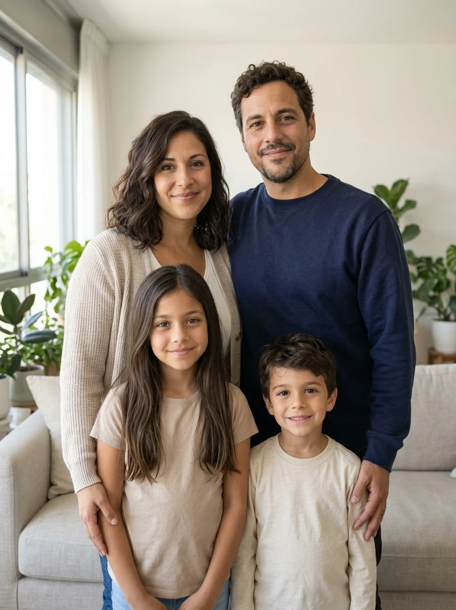 Imya-generated family portrait of four fictional people in a bright living room