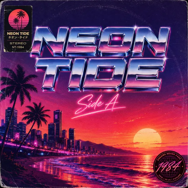Flux 2 example — synthwave album cover reading "NEON TIDE"
