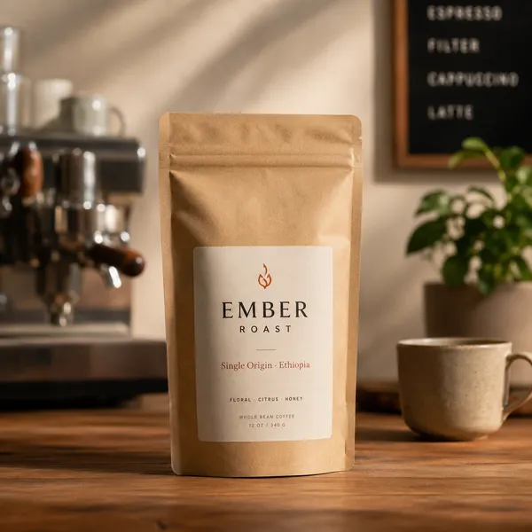 Flux 2 example — coffee bag packaging mockup reading "EMBER ROAST"
