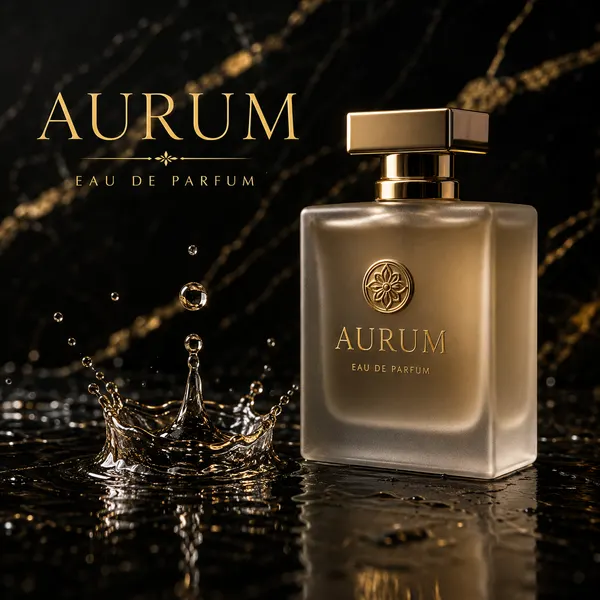 Flux 2 example — luxury perfume ad with gold "AURUM" typography generated by Flux 2