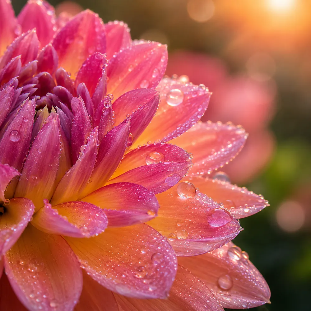 Flux 2 sample — extreme macro of a dew-covered dahlia at dawn