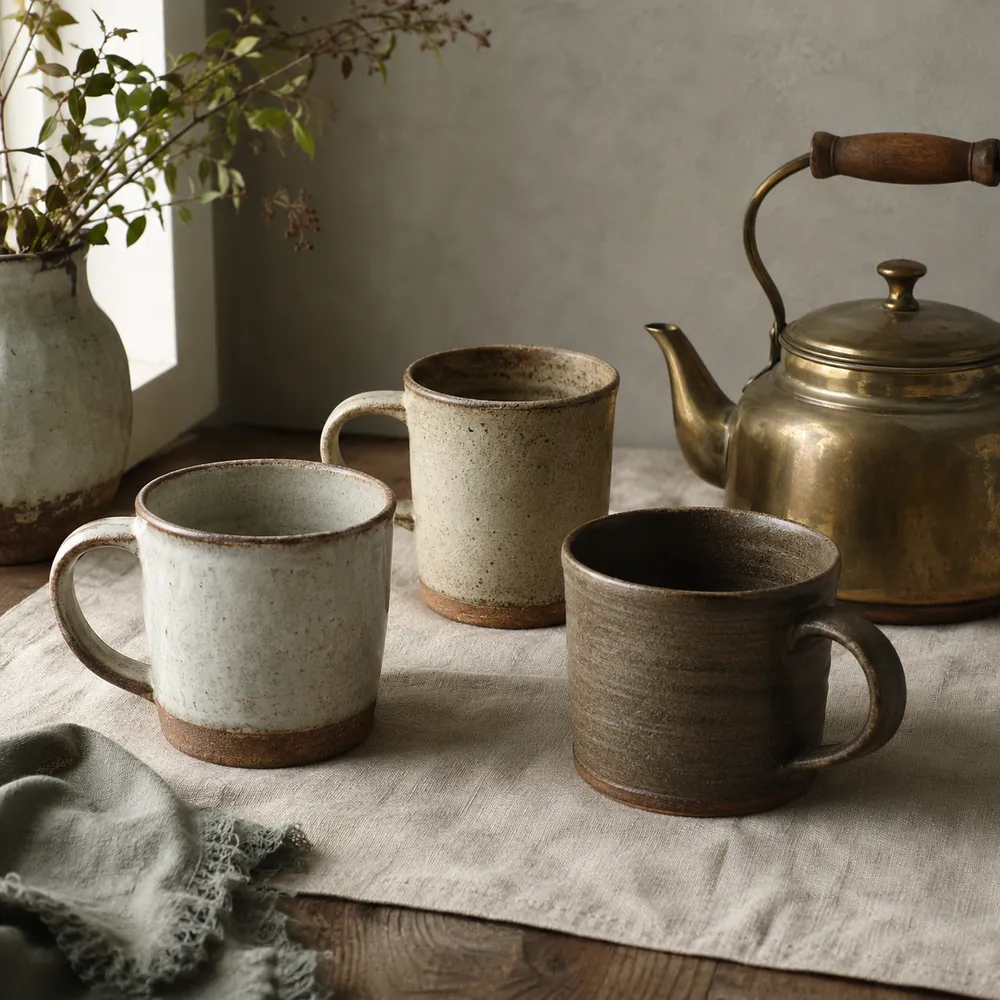 Flux 2 sample — painterly still life of handmade ceramics and brass kettle