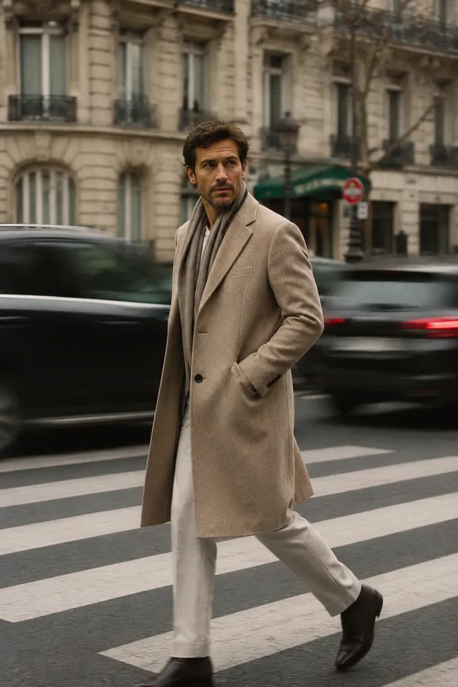 Flux 2 sample — candid 35mm street-fashion shot of a man in a beige coat