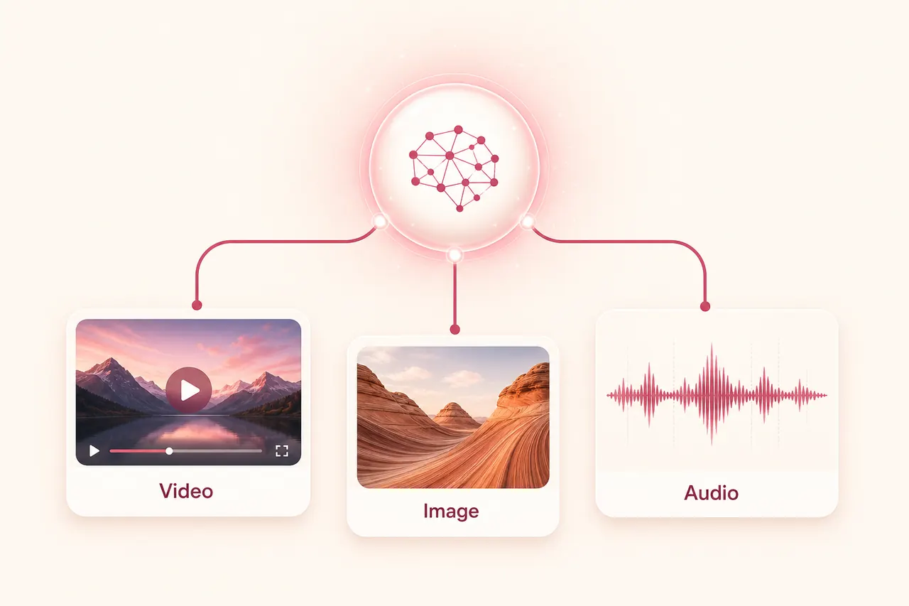 Flux 3 多模态架构示意:一个模型分出视频、图像与音频输出