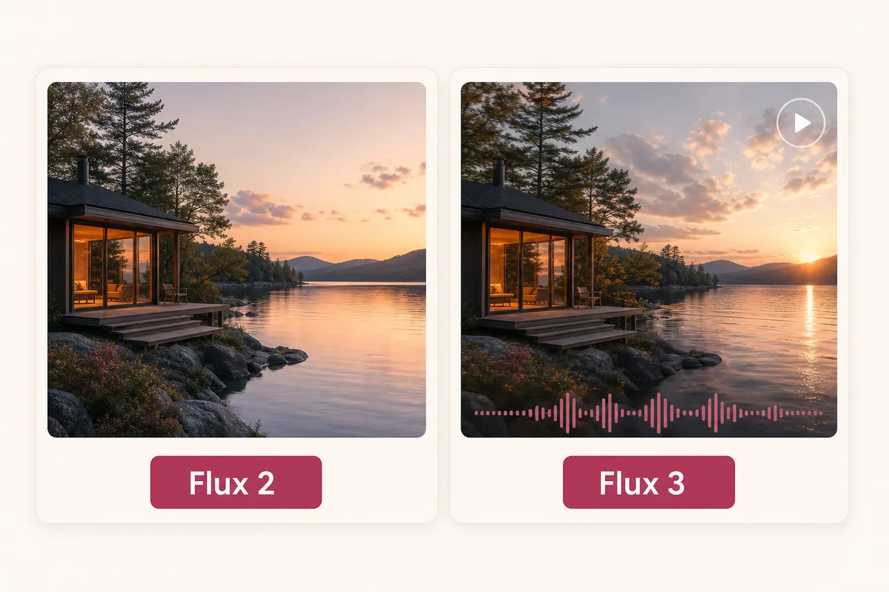 Flux 3 与 Flux 2 对比:静态照片与动态视频帧并列