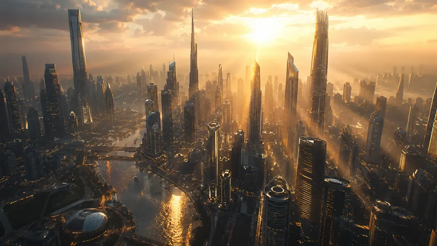 Google Omni AI video style — cinematic cityscape flythrough