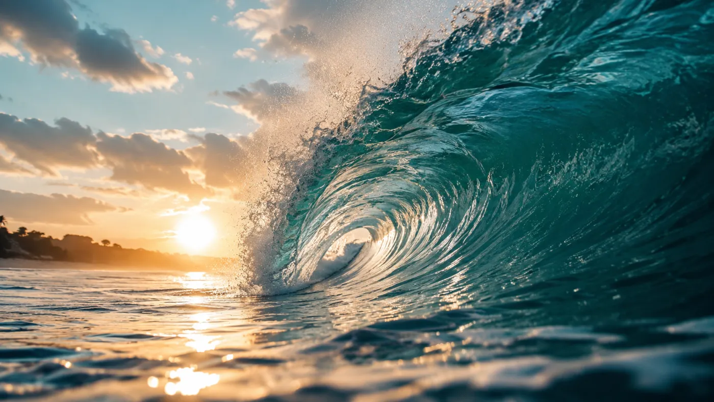 Google Omni video example — a slow-motion ocean wave at sunrise