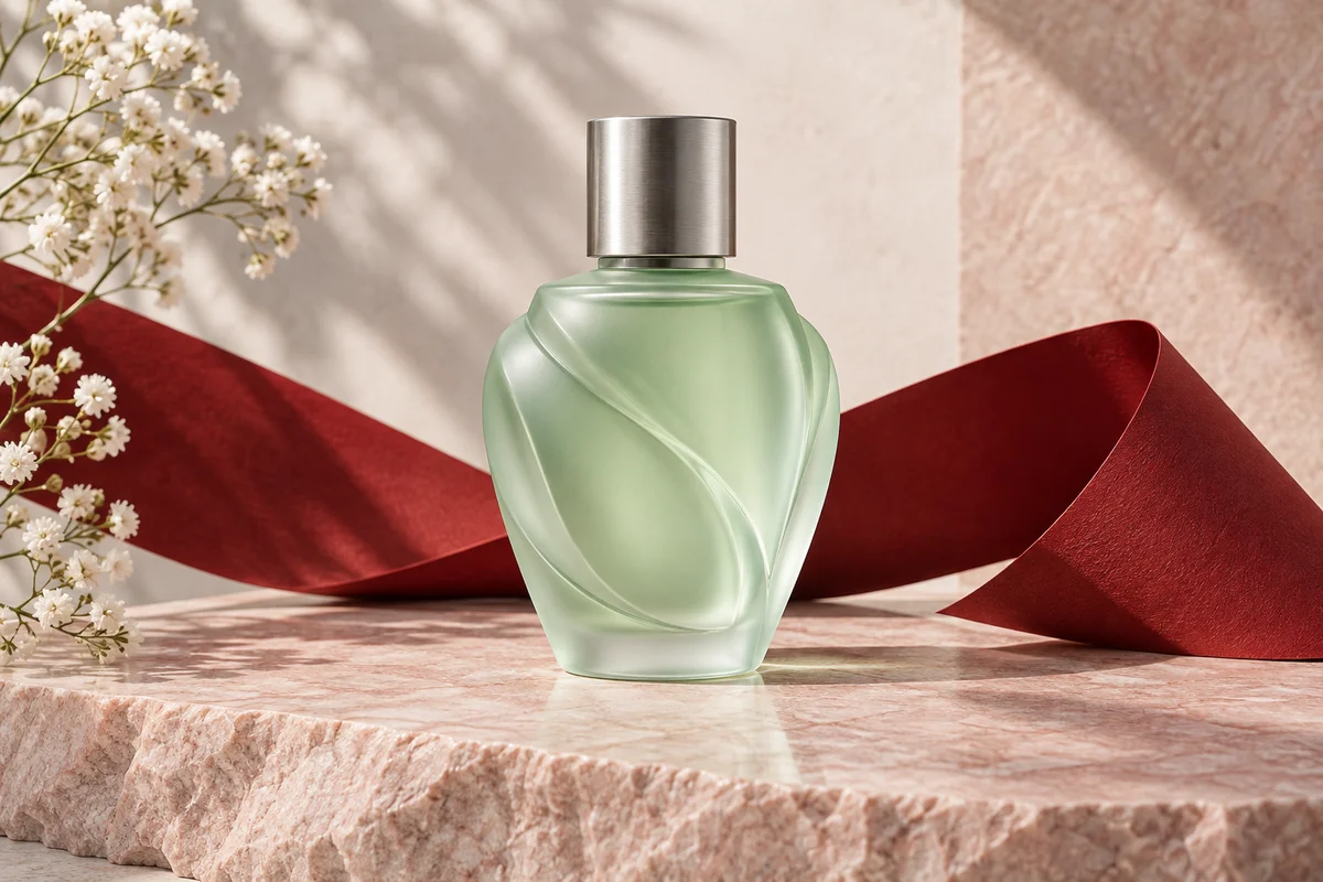 Mint glass perfume bottle with a silver cap and red ribbon, AI product illustration