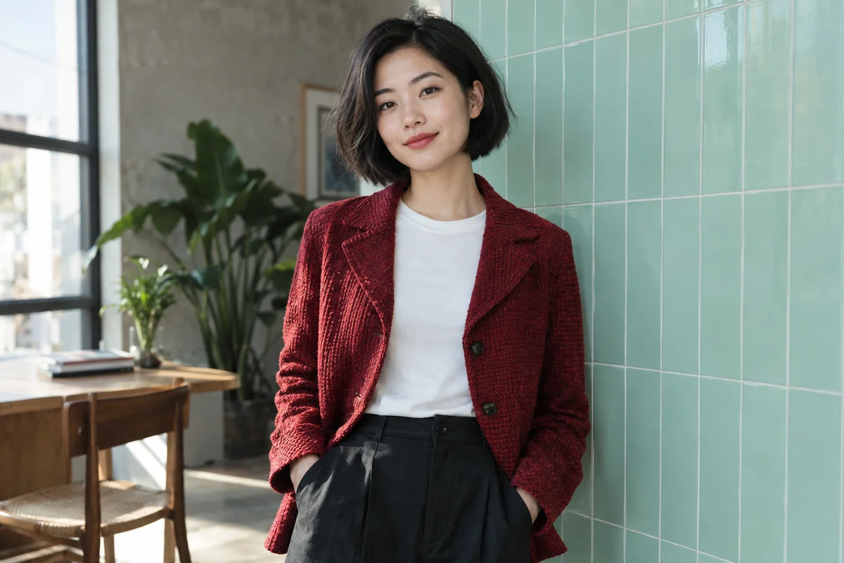 Woman in a red jacket beside mint tiles, AI editorial portrait illustration