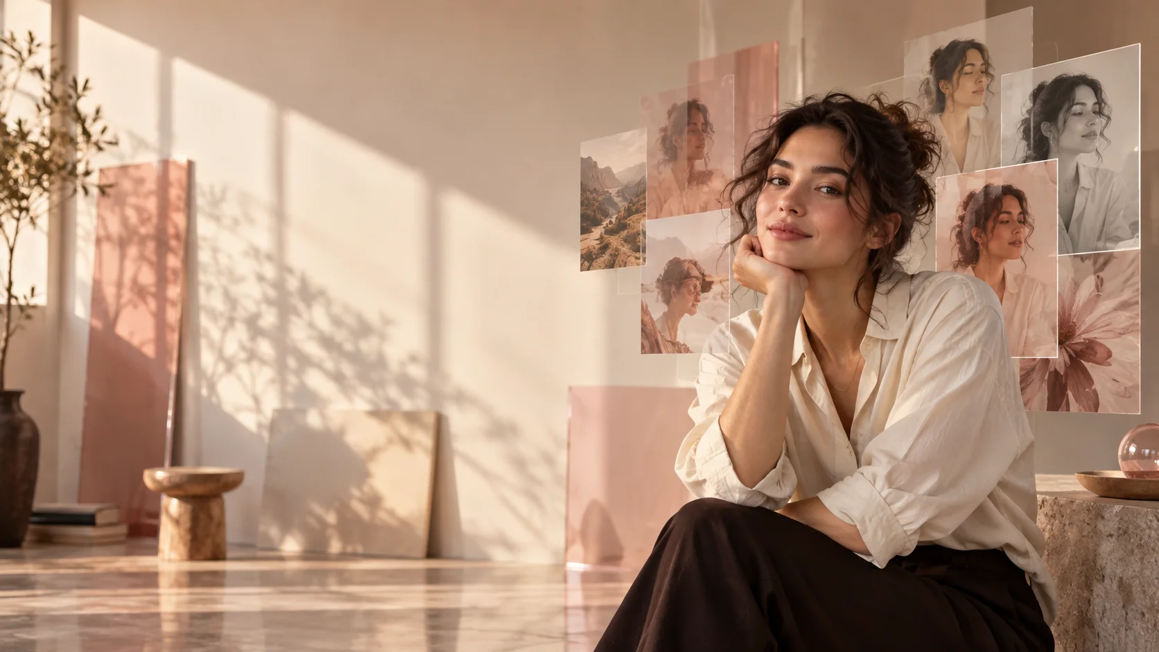 Editorial portrait showing visual iteration with translucent image layers