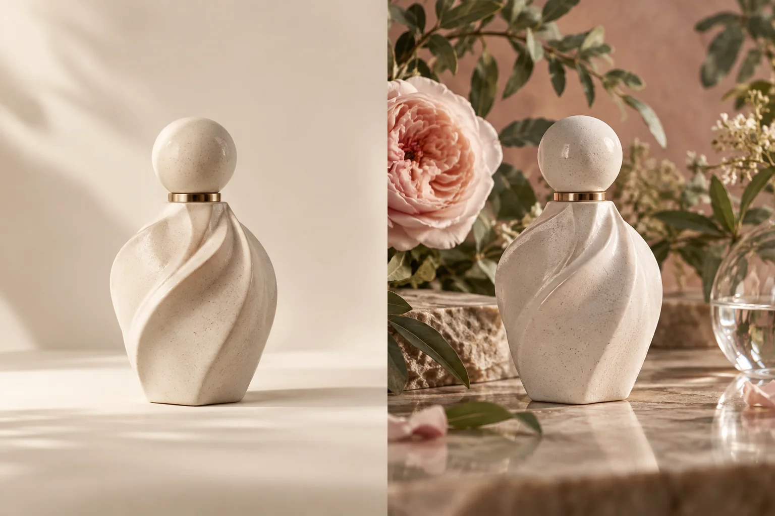 The same ceramic product before and after reference-guided restyling