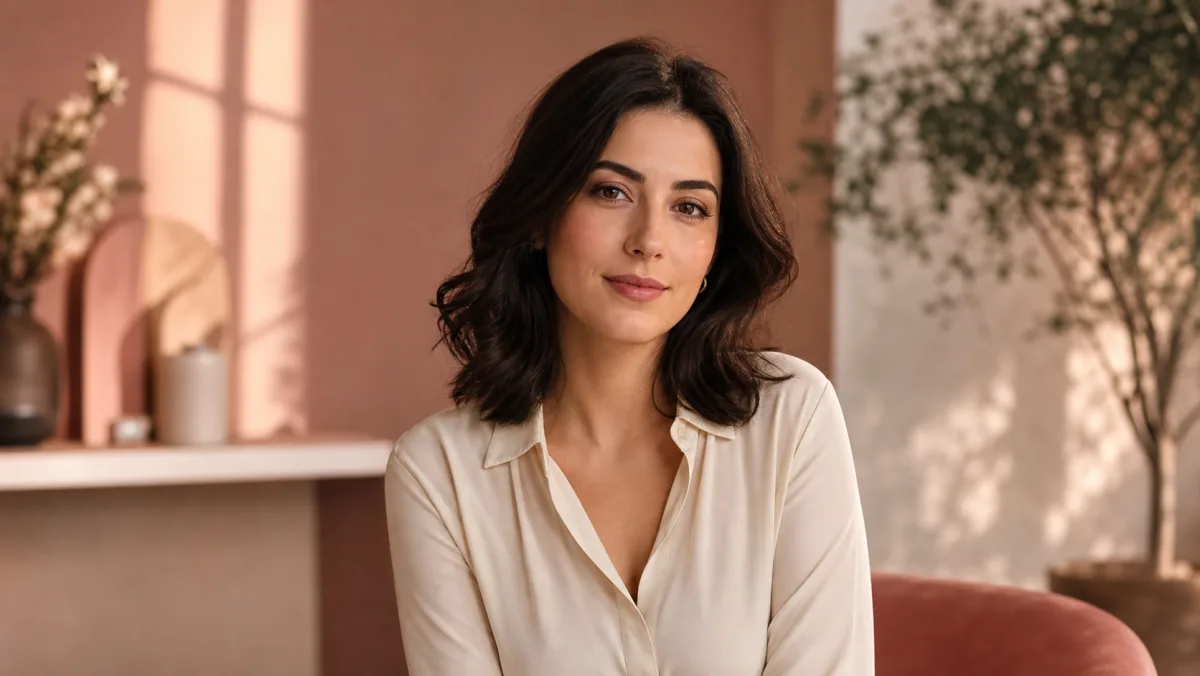 Example starting image for Grok image to video: a dark-haired woman in a cream blouse in a warm interior
