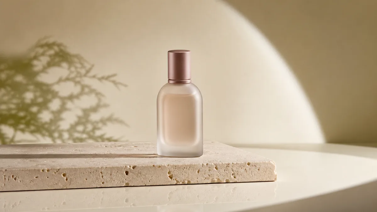 Example starting image for Grok product image to video: a perfume bottle on a warm studio surface
