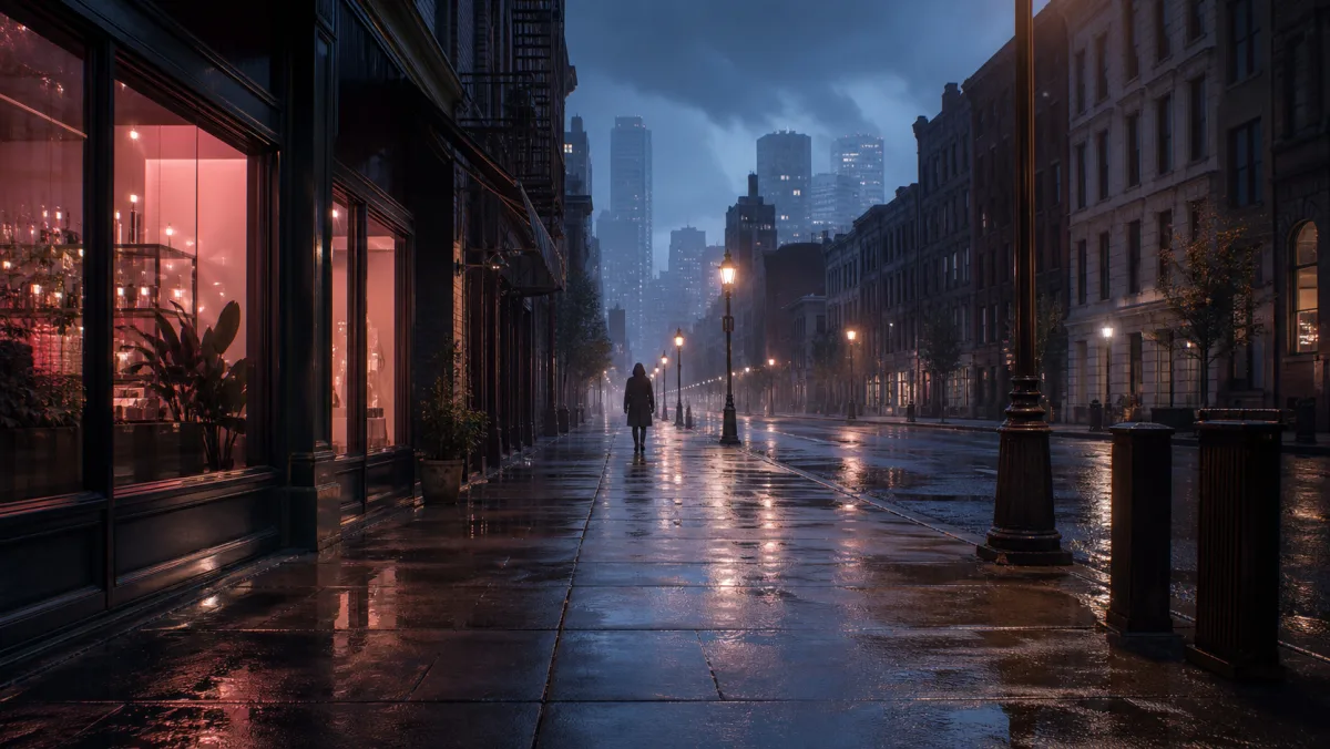 Example starting image for Grok cinematic image to video: a rainy city street with reflected lights