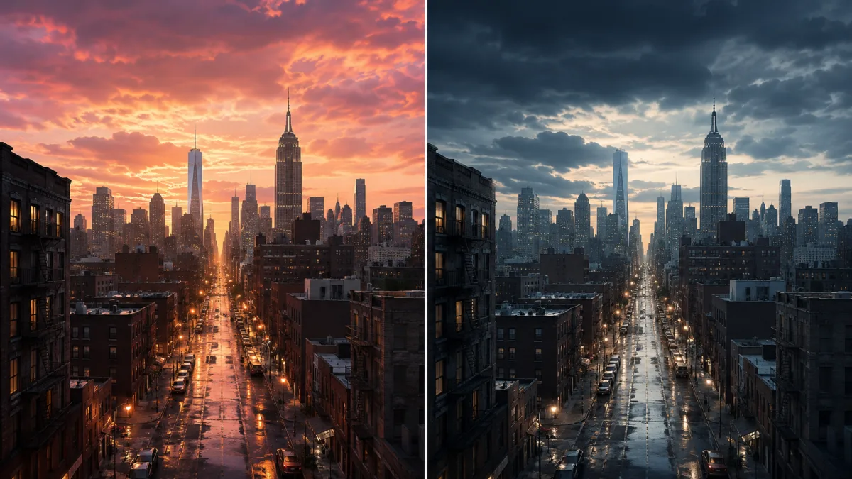 Fast vs Pro side-by-side comparison — same cityscape frame rendered in both modes