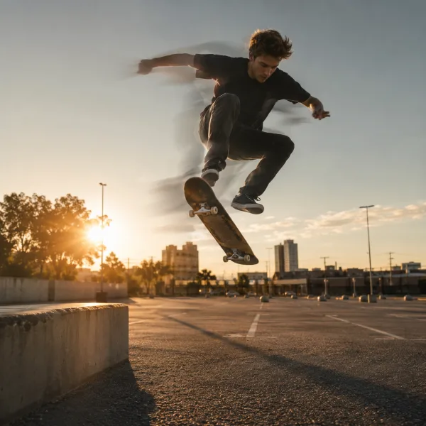 Skateboarder mid-trick at sunset, image-to-video sample frame