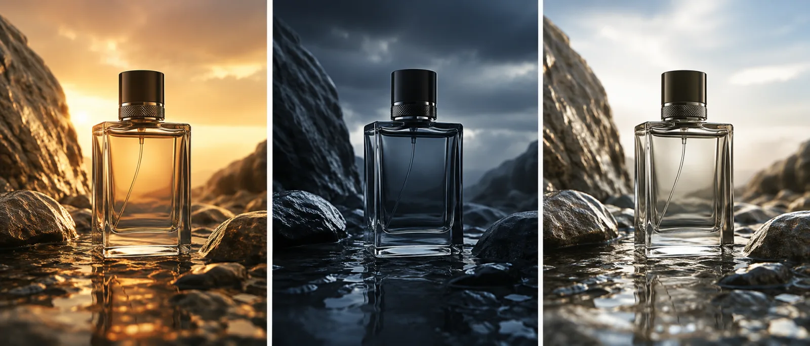 Product logo reveal example — three perfume bottles in cinematic triptych