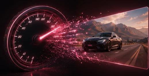 Kling 3.0 Turbo faster renders — a speed gauge maxed out as a video frame forms from light particles