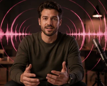 Kling 3.0 Turbo native audio — a presenter talking to camera with synced sound waves