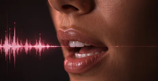 Kling 3.0 Turbo sharp lip-sync — a close-up face mid-speech with a synced audio waveform