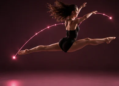 Kling 3.0 Turbo stable motion — a dancer mid-leap with a clean motion-path overlay