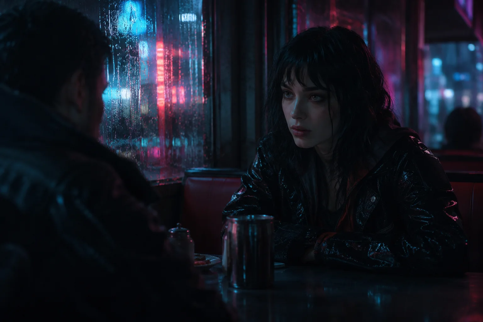 Kling 3.0 Turbo showcase — a cinematic neon-lit cafe dialogue scene, the kind of clip Turbo renders