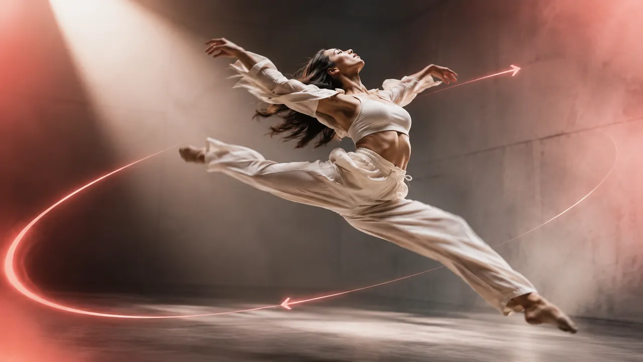 Kling 3.0 motion control — a dancer mid-leap with a motion-path overlay