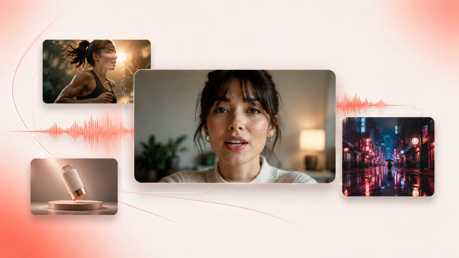 Kling 3.0 hero — a talking-head video still surrounded by cinematic AI video frames with synced audio