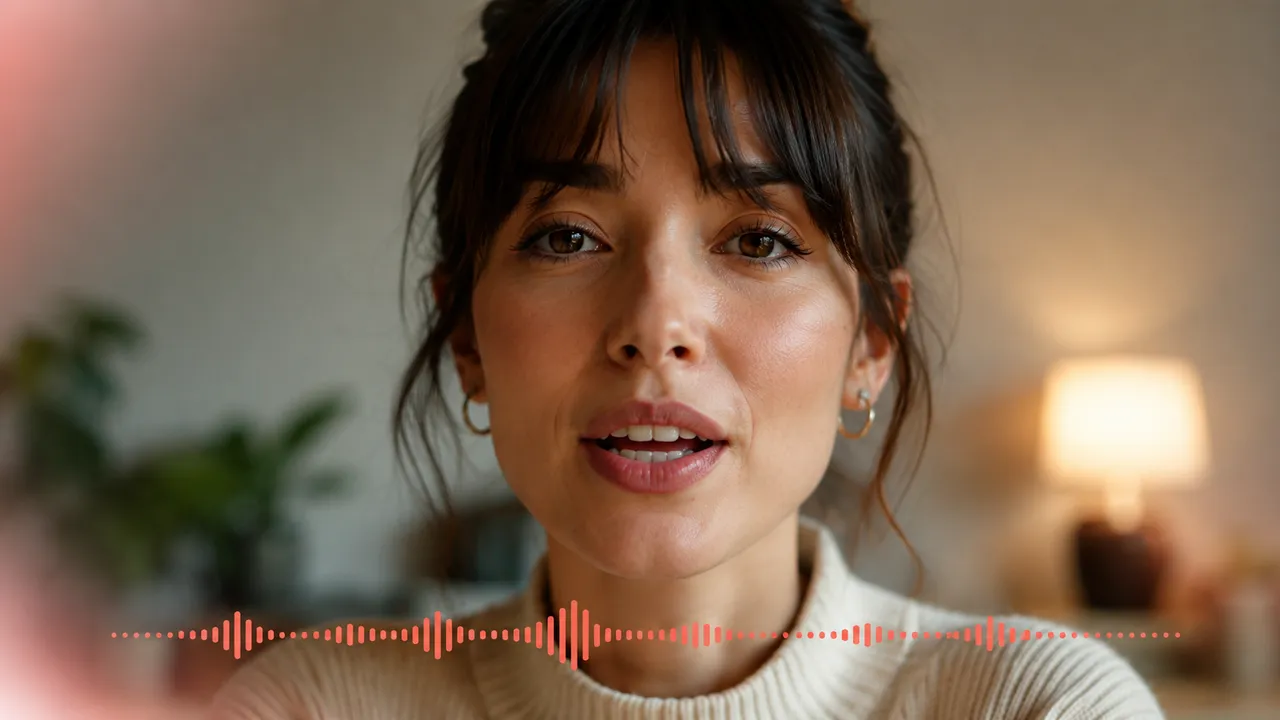 Kling 3.0 native audio — a talking-head video frame with a synced speech waveform