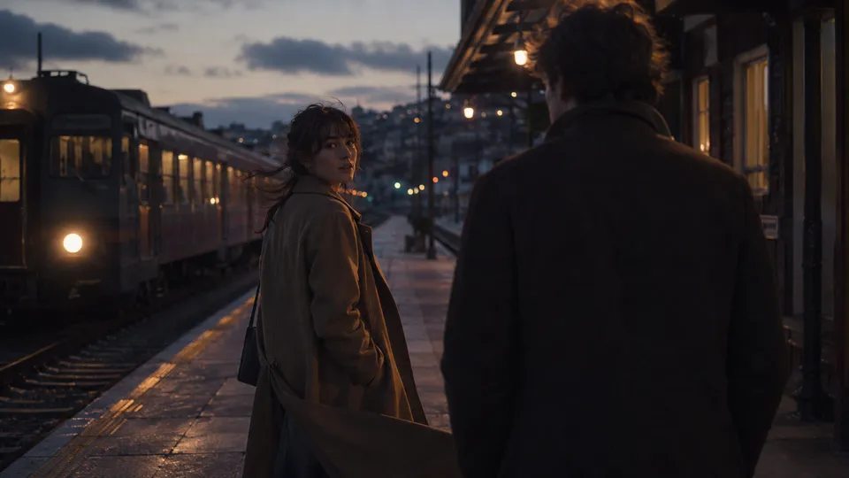 Kling 3.0 cinematic sample — a dramatic train-station scene at dusk