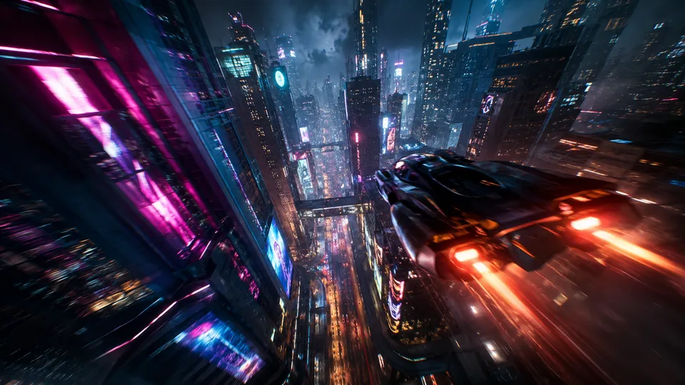 Kling 3.0 sample — a futuristic neon city chase from above