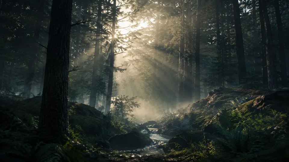 Kling 3.0 sample — a misty forest with volumetric light rays