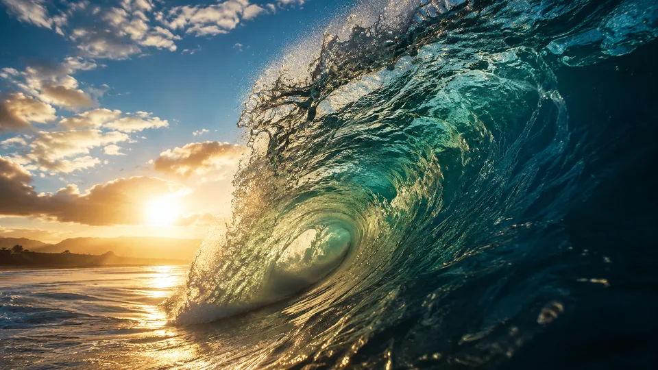 Kling 3.0 sample — a breaking ocean wave at sunrise