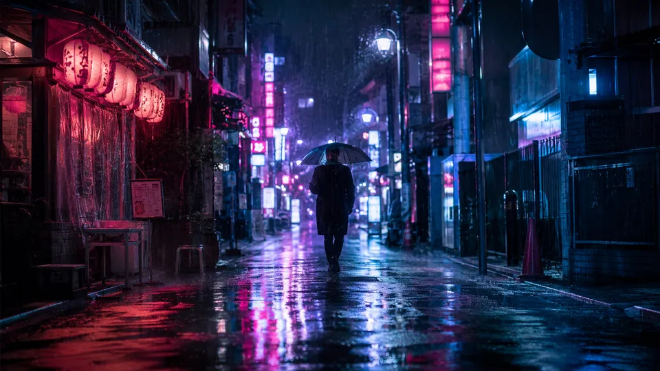 Kling 3.0 text-to-video sample — a lone figure with an umbrella in a neon rainy alley