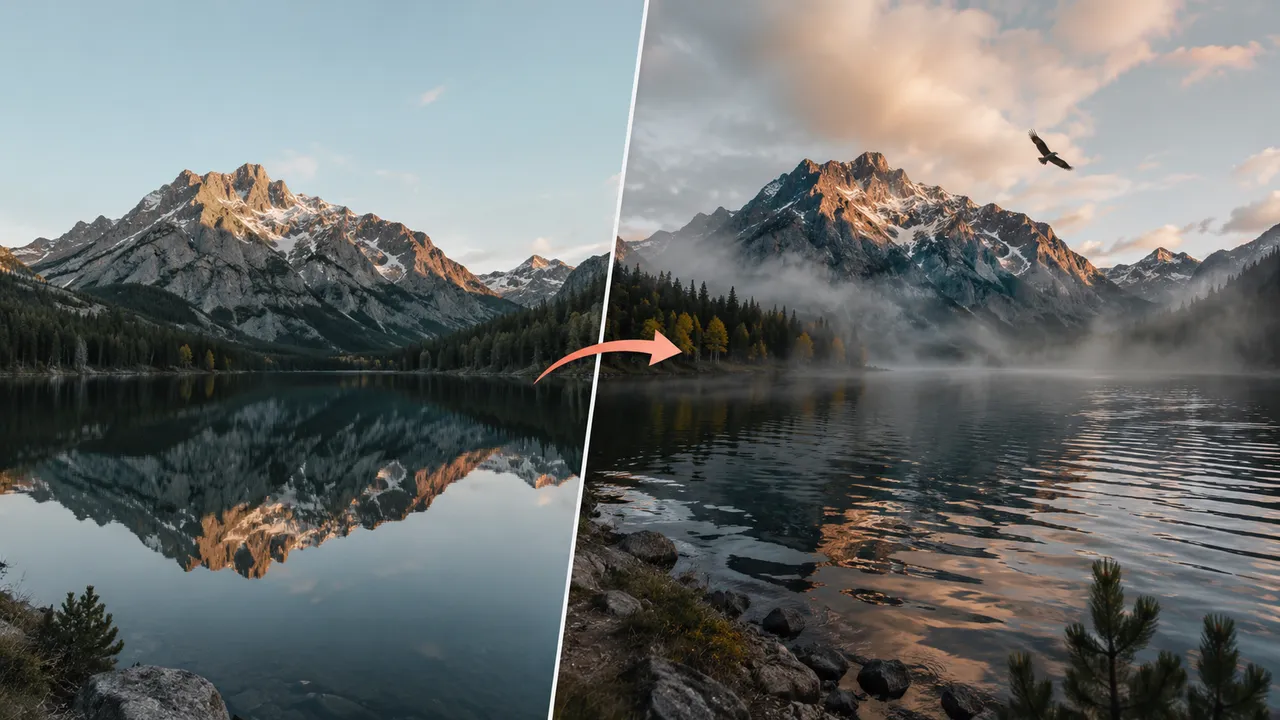 Kling 3.0 image-to-video — a still mountain-lake photo animated into a cinematic clip