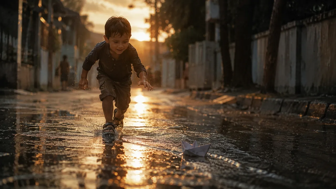 Kling 3.0 multi-shot short story — a cinematic narrative frame of a child and a paper boat