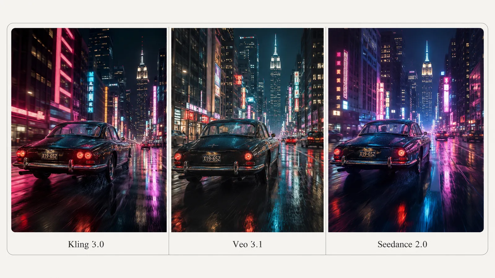 Kling 3.0 vs Veo 3.1 vs Seedance 2.0 — the same night-drive scene rendered by each model