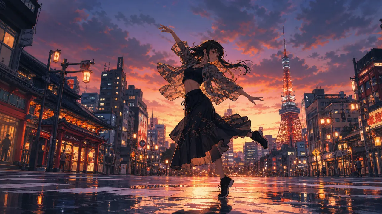 Example starting image for a MiniMax H3 anime clip: an anime-style girl dancing on a Tokyo street at dusk