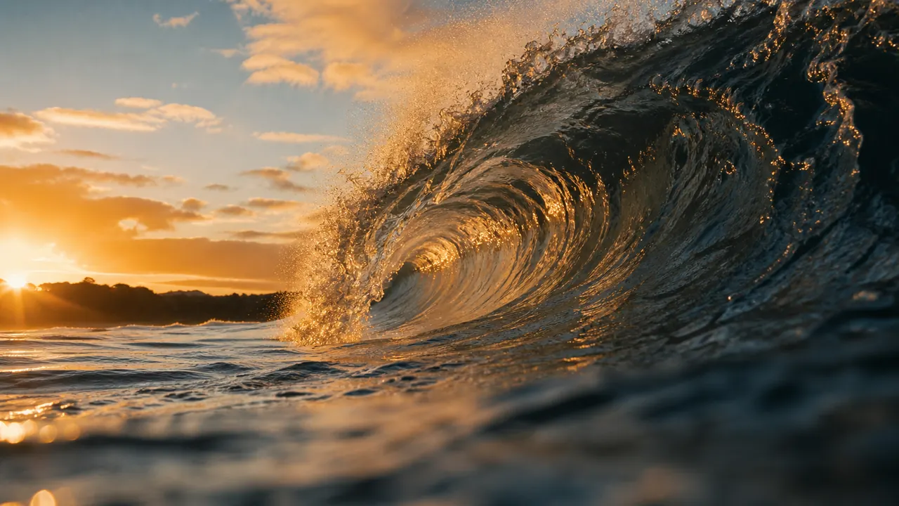 MiniMax H3 sample frame: an ocean wave curling at golden sunrise