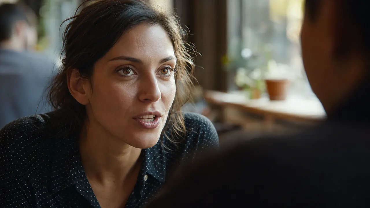 Example starting image for a MiniMax H3 talking portrait: a woman in a warm café interior