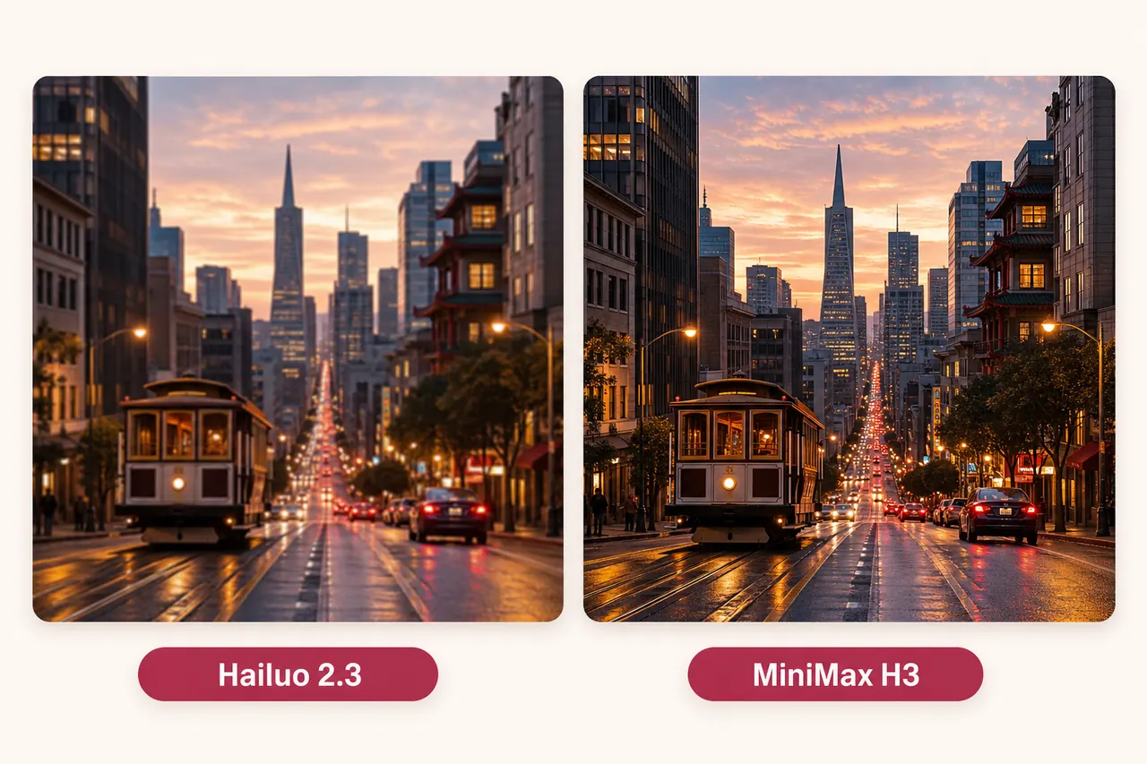 MiniMax H3 vs Hailuo 2.3 comparison of the same city street at dusk