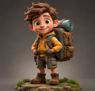 Cute 3D cartoon adventurer character render with a backpack