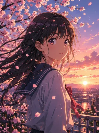 Anime illustration of a girl under cherry blossoms at sunset