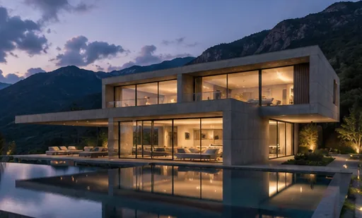 AI architecture render of a modern glass house at dusk