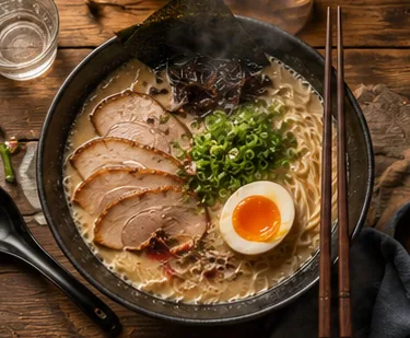 Overhead AI food photography of a steaming bowl of ramen