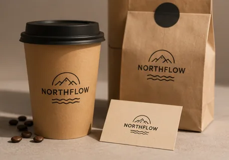 AI logo and branding mockup with a NORTHFLOW coffee brand