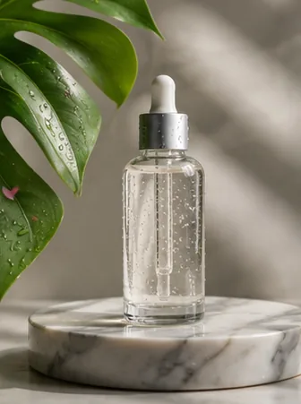 AI product still life of a glass skincare bottle on marble