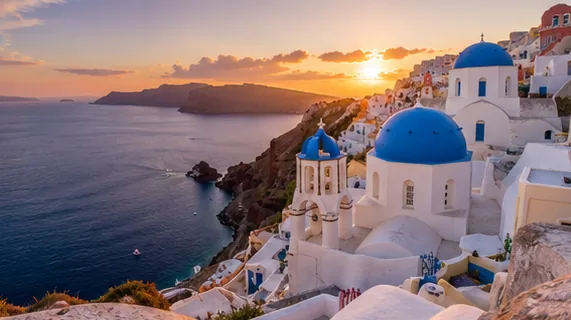 Cinematic Santorini travel landscape at sunset